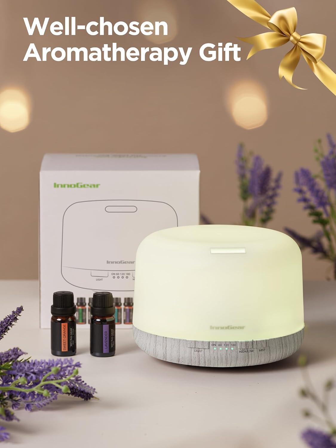 InnoGear Aromatherapy Diffuser & 10 Essential Oils Set, 500ml Essential Oil Diffuser with Remote Control Mother's Gift Ultrasonic Cool Mist Scent Humidifier Vaporizer Auto-Off Timer for Home, Yellow