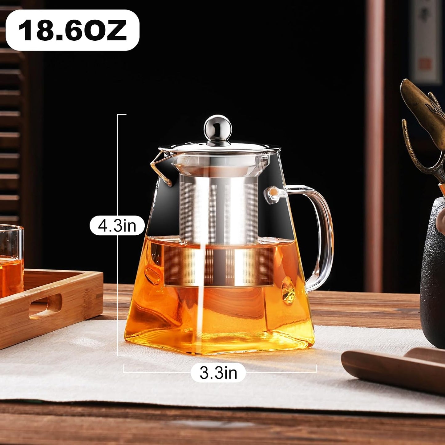 PARACITY Glass Teapot Stovetop 18.6 OZ, Borosilicate Clear Tea Kettle with Removable 18/8 Stainless Steel Infuser, Teapot Blooming and Loose Leaf Tea Maker Tea Brewer for Camping, Travel (550ML)