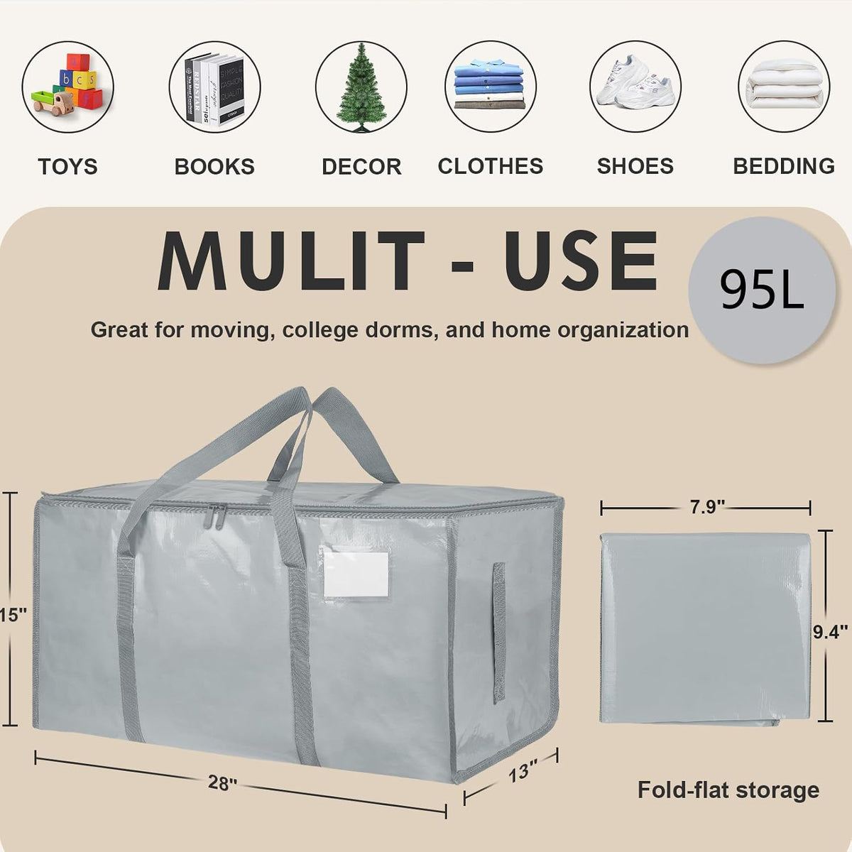 Moving Bags Extra Large - Heavy Duty Storage Totes with Wrap-Around Handles & Reinforced Zippers - Foldable Moving Box Alternative, Water-Resistant for Dorm, Closet & Under Bed Storage (Clear)