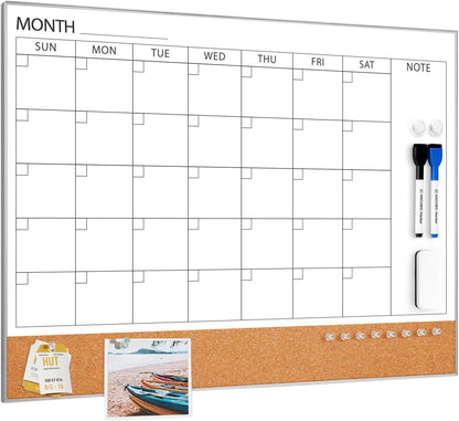 ARCOBIS Dry Erase Calendar with Cork Board for Wall, 24"x 18" Magnetic Calendar Whiteboard with Black Frame, Monthly Combination Board for School, Home, Office