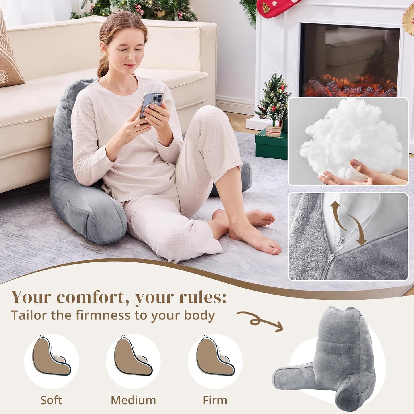 Sasttie Reading Pillows for Sitting in Bed Adult, Back Pillow Bed Sitting Up, Back-Rest Support Cushion for Sit Up on Couch, Sofa, and Floor, Dorm Essentials, Oeko-Tex Certified, Dark Grey