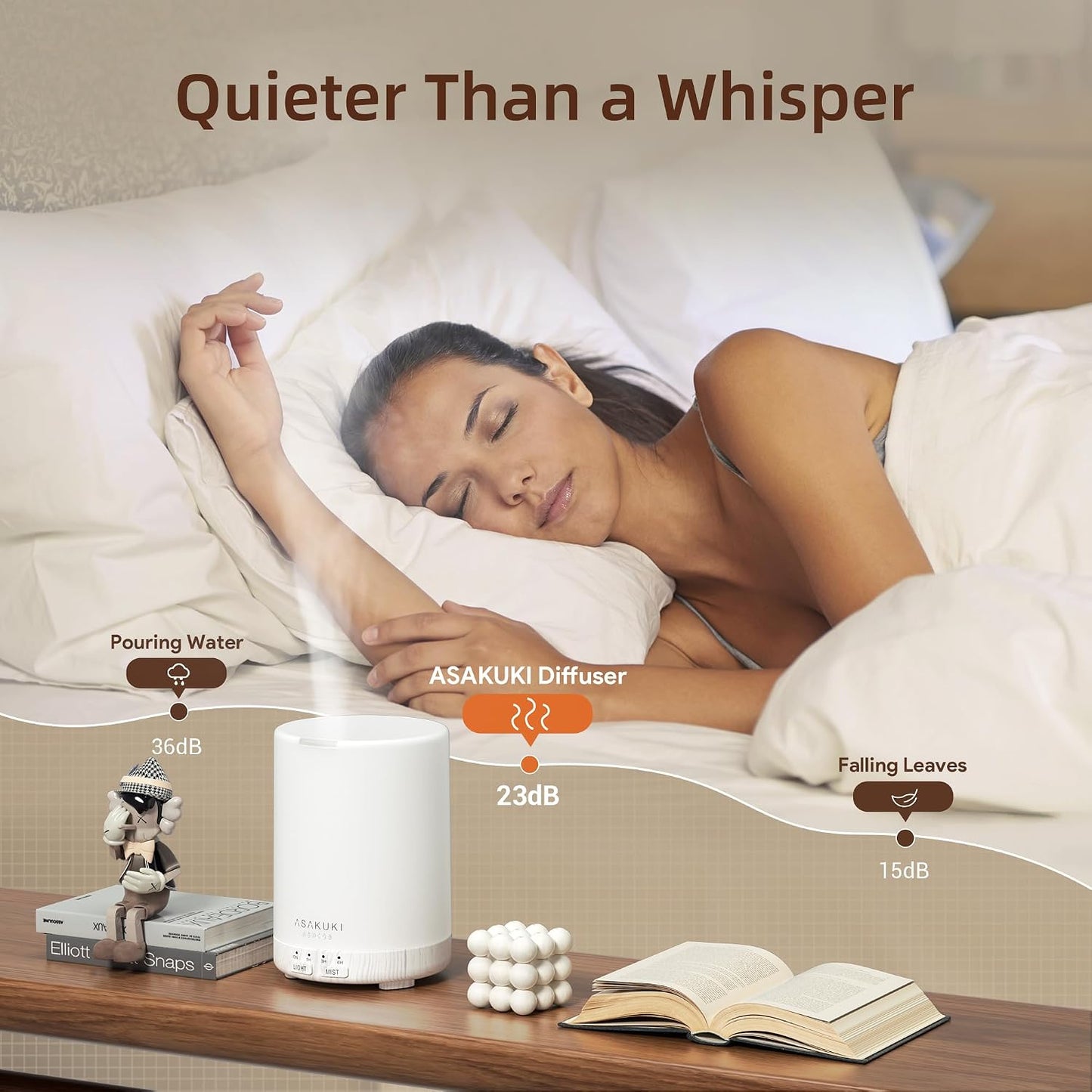 ASAKUKI Essential Oil Diffuser for Home 300 ml Quiet | Automatic Shut-Off, Aromatherapy Diffuser, 7 LED Lights for Living Room, Kitchen, Bedroom, Hotel - Light Brown