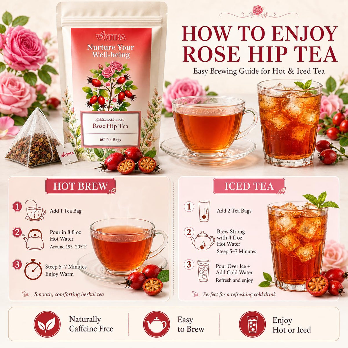 WOTIHA Rosehip Herbal Tea Bags, Caffeine-Free, 60 Count