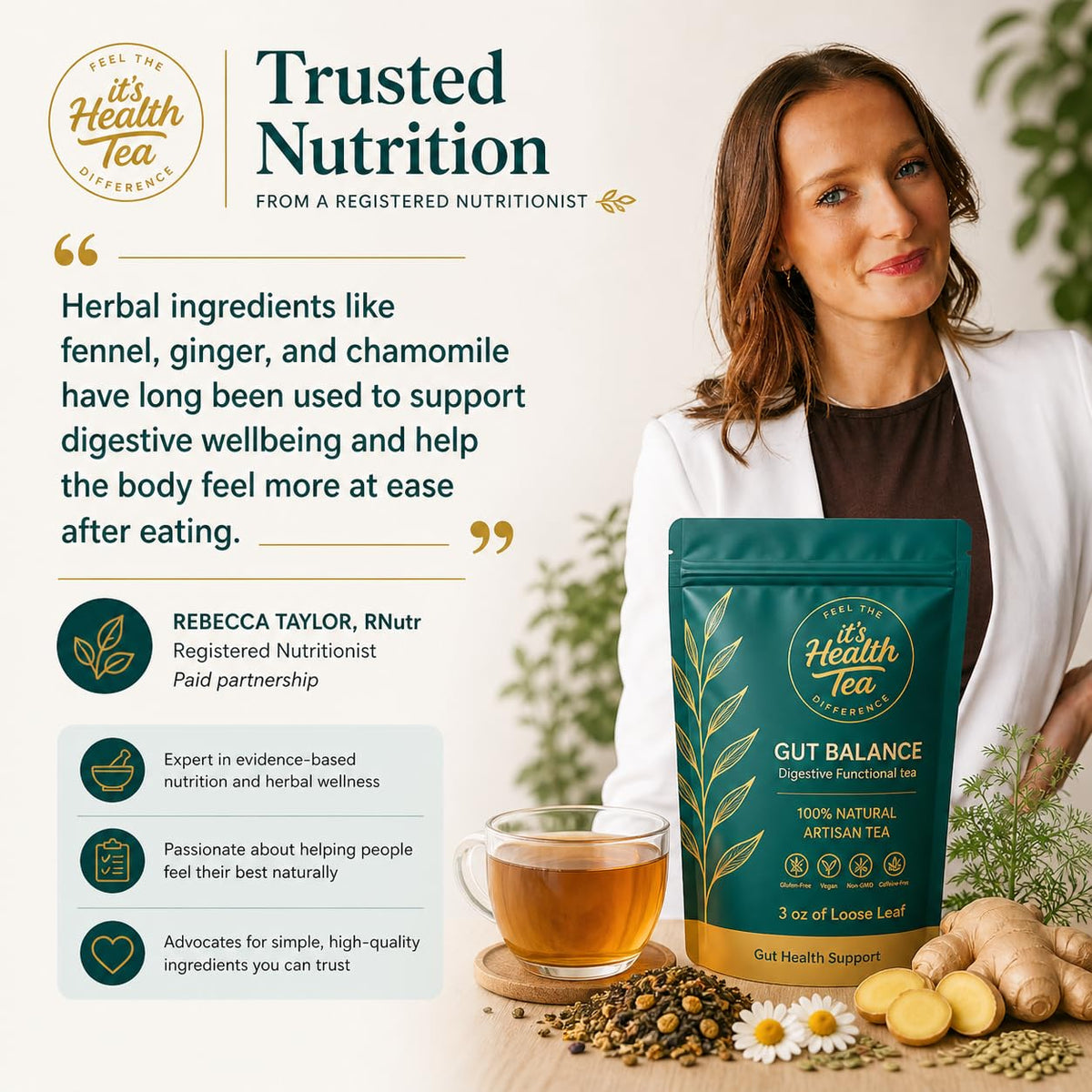 Gut Balance Herbal Tea – Supports Overall Gut Microbiome Health & Occasional Bloating Support | After-Meal Digestive Comfort | Enjoy Hot or Iced | Caffeine-Free Loose Leaf Botanical Blend (35 Unbleached Tea Bags Included)*
