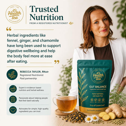 Gut Balance Herbal Tea – Supports Overall Gut Microbiome Health & Occasional Bloating Support | After-Meal Digestive Comfort | Enjoy Hot or Iced | Caffeine-Free Loose Leaf Botanical Blend (35 Unbleached Tea Bags Included)*