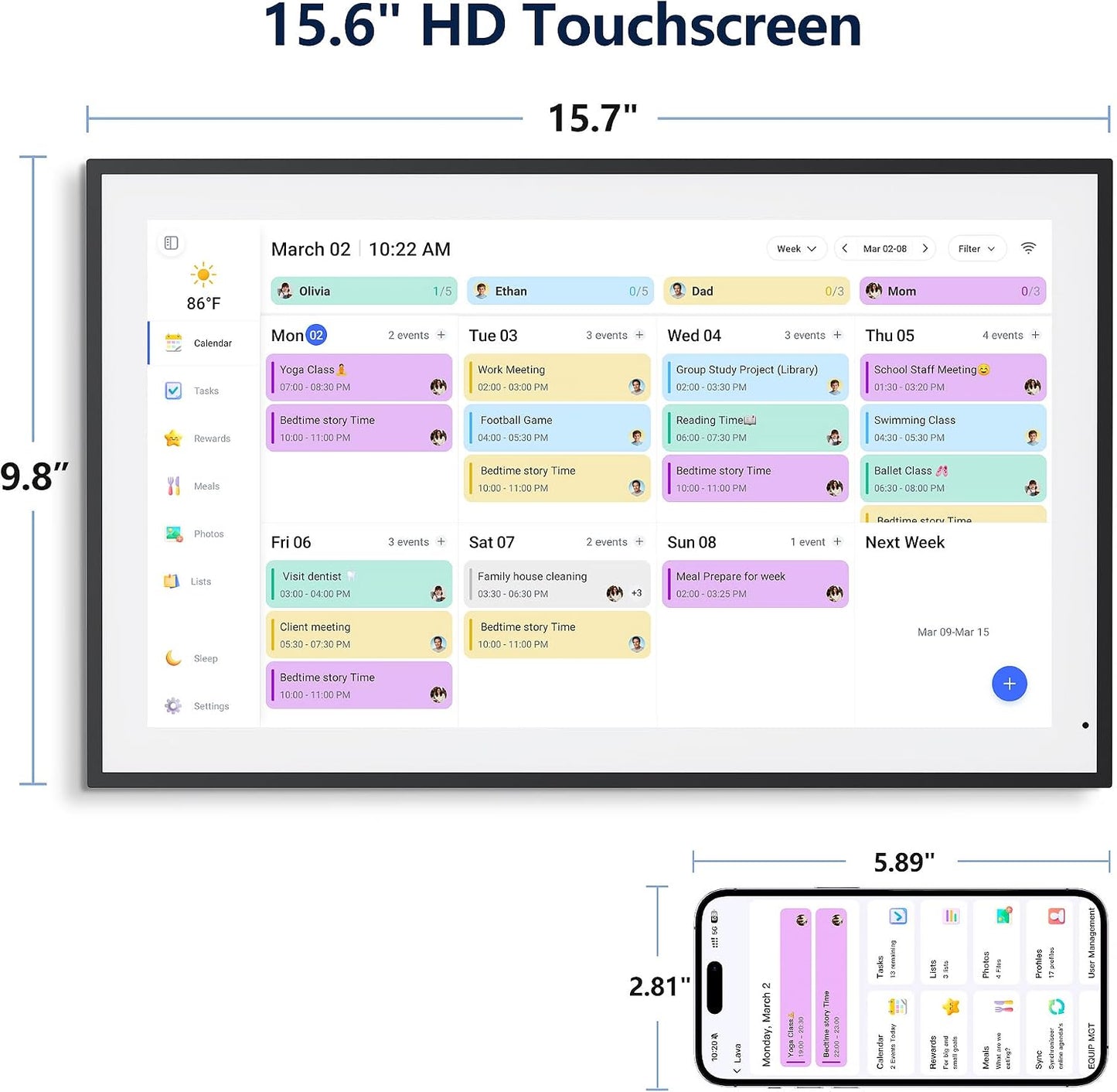Digital Calendar, 15.6 Inch Wall Planner Electronic Calendar & Chore Chart, Smart Touchscreen Interactive Display for Family Schedules, Great for Organizing Your Routines, Wall & Desk Mountable