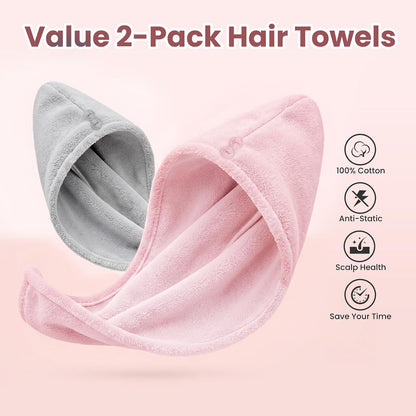 Mandydov 100% Cotton Hair Towel Wrap for Women, 2 Pack Thickened & Super Absorbent Turbans, Anti Frizz Quick Dry Hair Towels (Blue, Pink Blush)