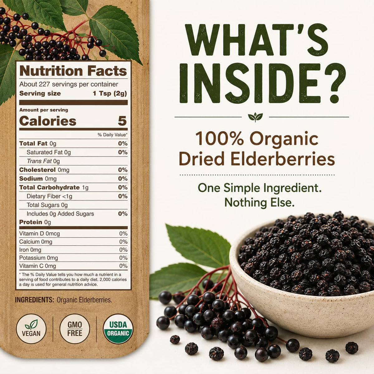 Nature's Greatest Foods Organic Dried Elderberries, Non-GMO, 1lb Bag