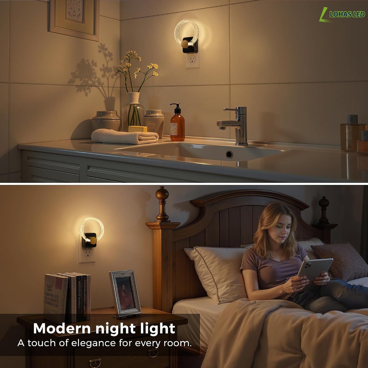 L LOHAS LED Night Light, Dimmable Night Lights Plug into Wall, Automatic Night Lights Plug in with Auto Light Sensor,Adjustable Brightness Amber LED Night Light, for Bedroom Hallway Home Decor