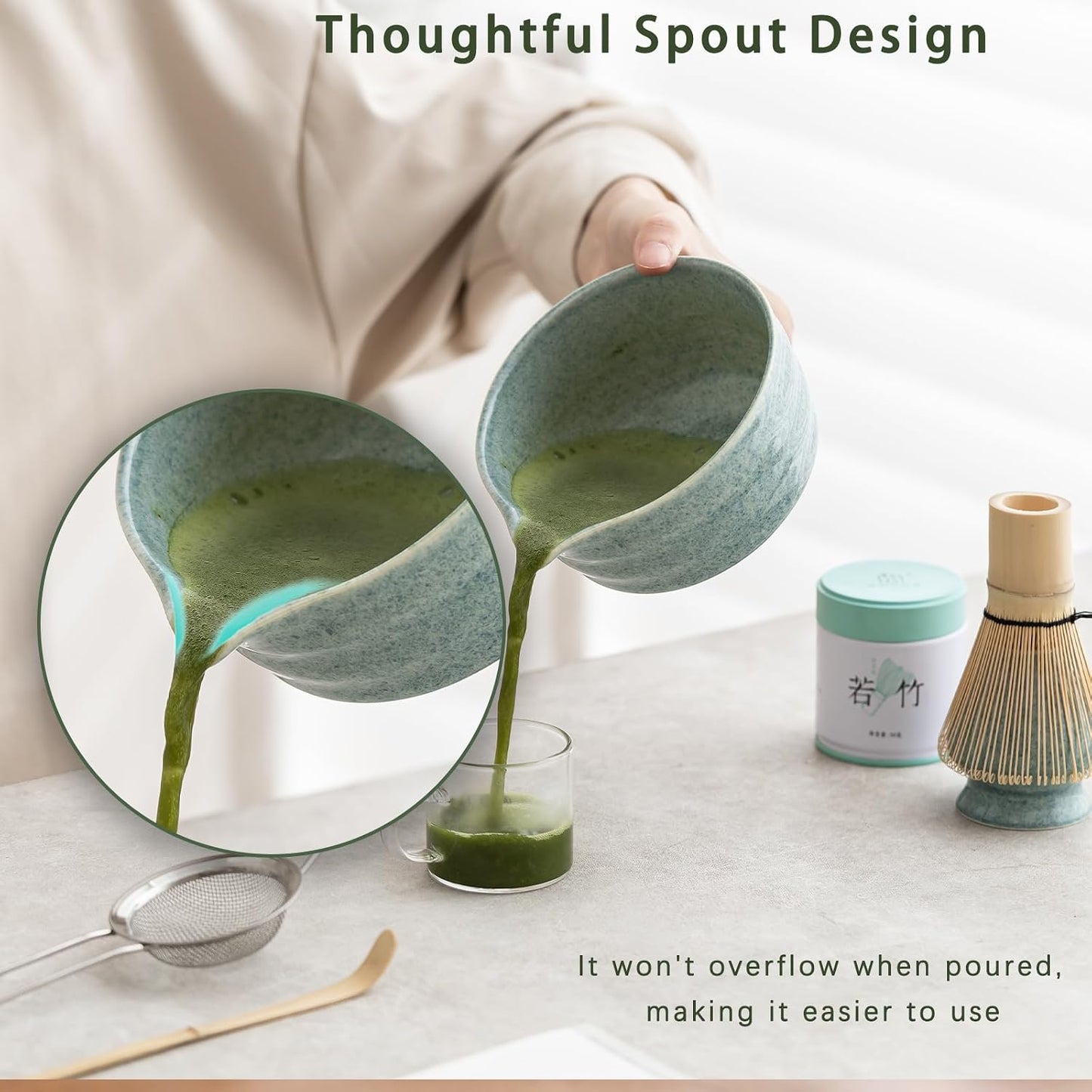 Matcha Set, Japanese Tea Set Includes Matcha Bowl with Spout, Matcha Whisk Holder, Bamboo Matcha Whisk and Bamboo Scoop, 17 oz Mottled Green Glaze Ceramic Matcha Kit for Tea Lovers