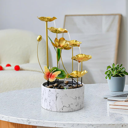 11‘’ H Gold Tabletop Water Fountain, Zen Desktop Waterfall, Indoor Lotus Desktop Decorative Fountain, Home Bathroom Bedroom Decor.