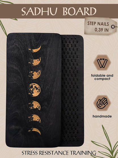 Sadhu board, Wooden Yoga Board for Acupressure and Meditation with Nails for Deep Tissue Massage, Acupuncture Massage, Nails Distance 0.39 In (10 mm) (ebony-moon, 0.39)