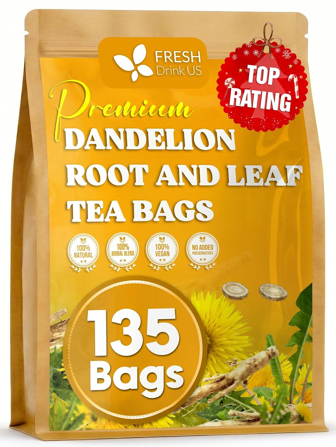 FreshDrinkUS, Premium Dandelion Leaves and Roots, 135 Count, Caffeine Free