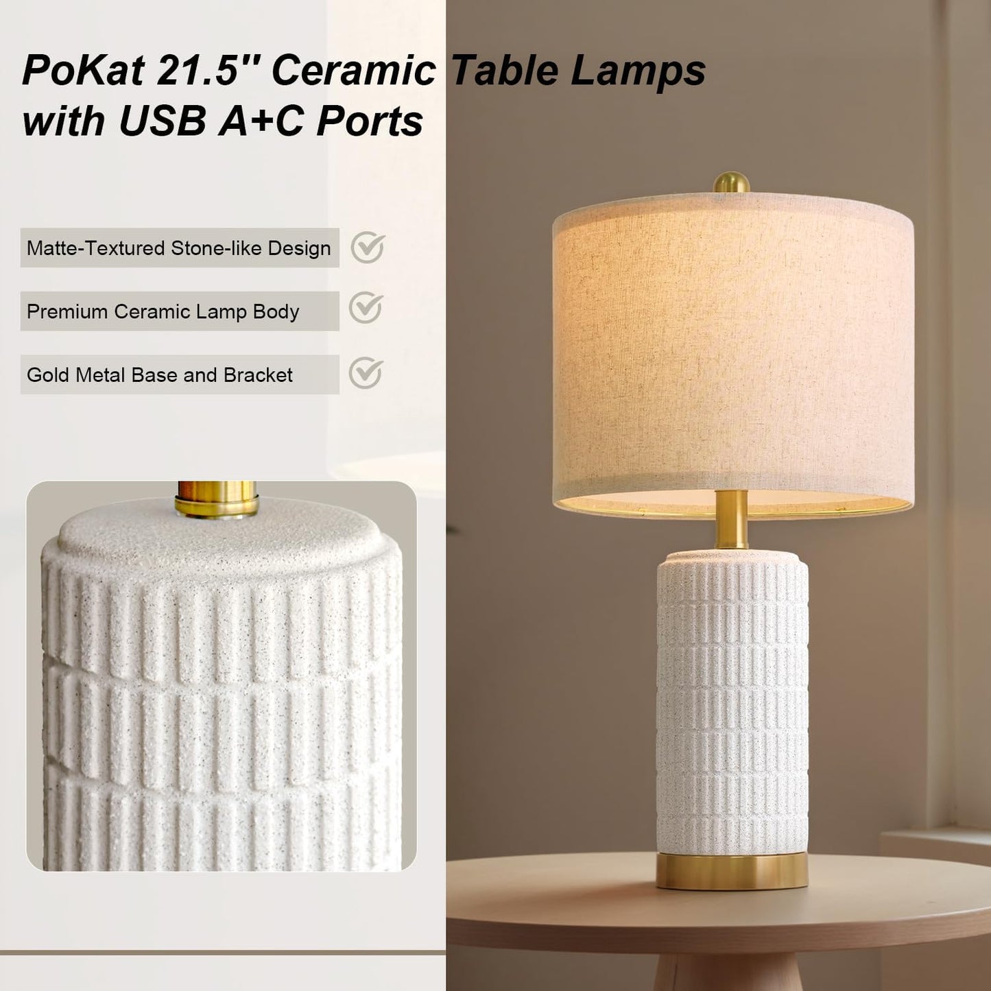 PoKat 20.75" Small Modern Ceramic Table Lamps Set of 2 for Bedroom, White Bedside Lamps for Night Stands, Farmhouse Desk Home Decor Gift Nightstand Table Lamps for Living Room End Table Beige