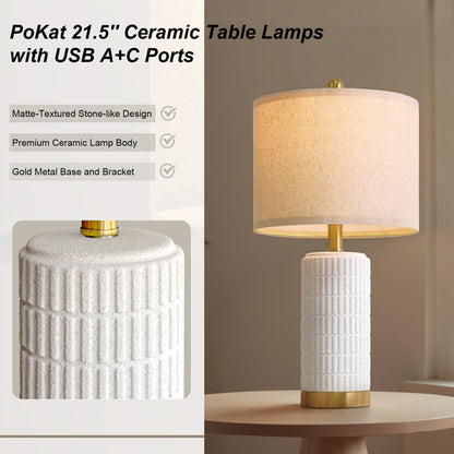 PoKat 20.75" Small Modern Ceramic Table Lamps Set of 2 for Bedroom, White Bedside Lamps for Night Stands, Farmhouse Desk Home Decor Gift Nightstand Table Lamps for Living Room End Table Beige