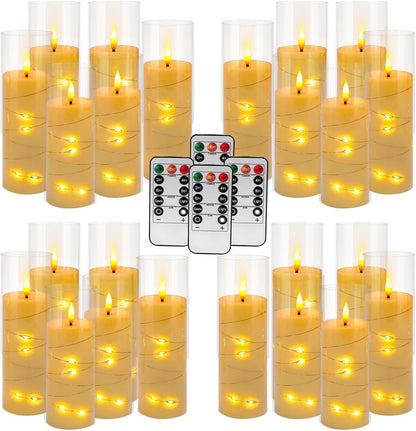 24 Pcs LED Flameless Candles with Remote, 3D Flickering Flame & LED String Lights, Acrylic Clear Cylinder, Timer Function, Romantic Ambience for Home Decor, Party, Wedding (Ivory).