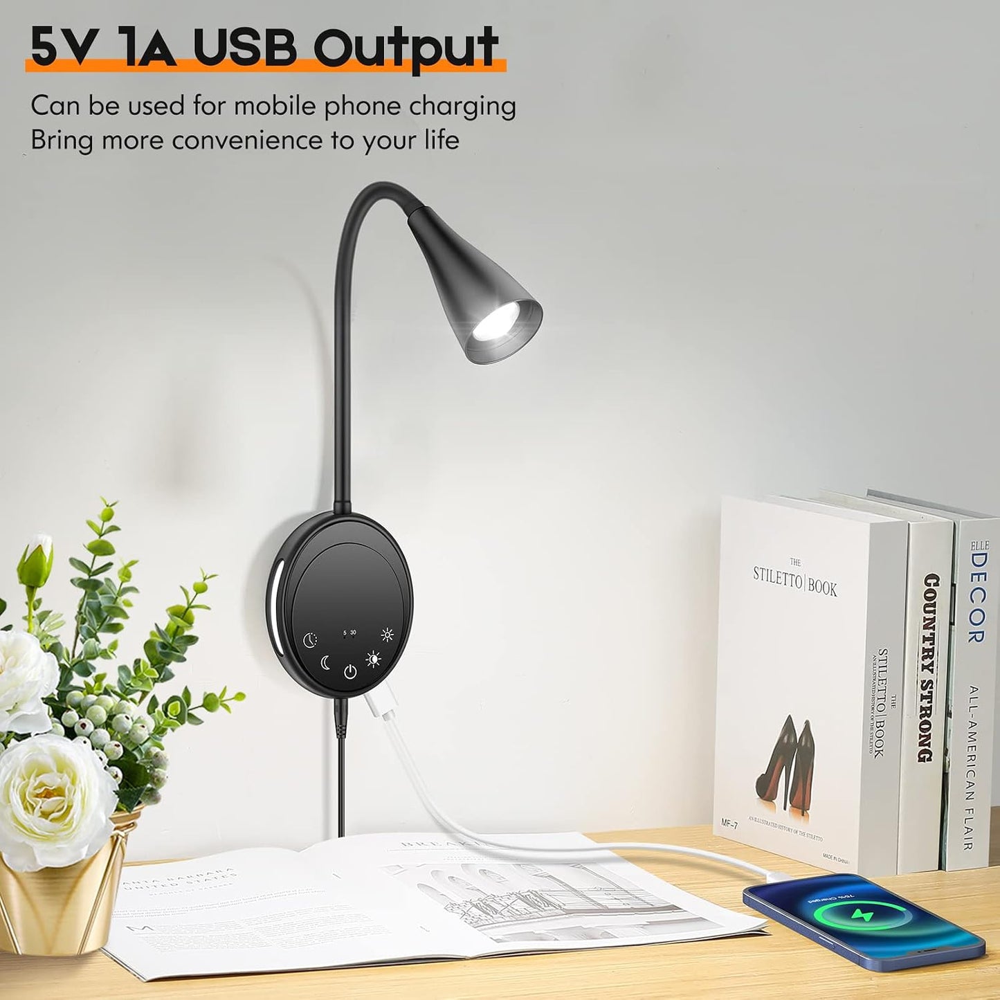 SANKEDOU LED Wall Mounted Reading Light, Book Light for Reading in Bed with Touch Control, 5 Dimmable, USB Output, Night Light & Timers Function, Flexible Gooseneck Headboard Bed Lights (White)
