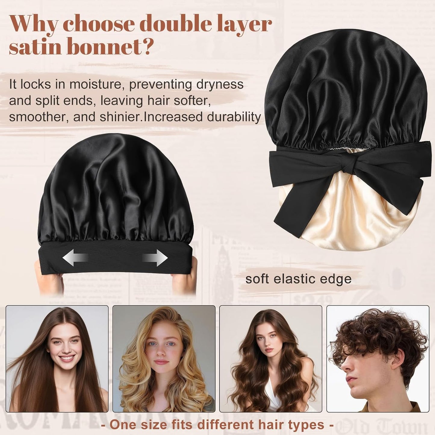 Satin Bonnet for Sleeping Cap Double Layer Hair Bonnet with Elastic Tie Band for Curly Hair Night Cap (Bean Paste + Pink)