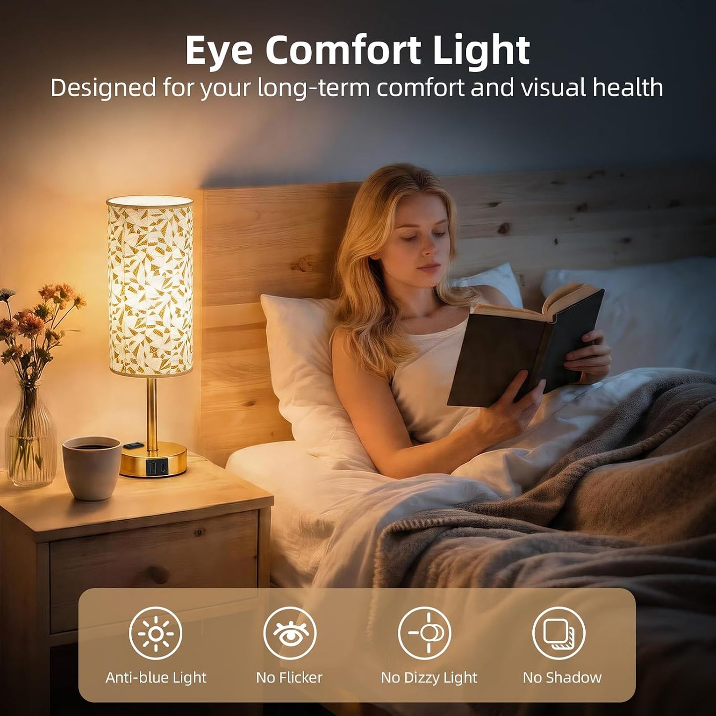 Table Lamp for Nightstand, High-Sensitivity Touch, 3-Level Dimmable Bedside Lamp with AC Outlet | USB | and USB-C, Ideal Night Stand Lamp for Bedroom, Reading, Living Room(Warm&Wooden)