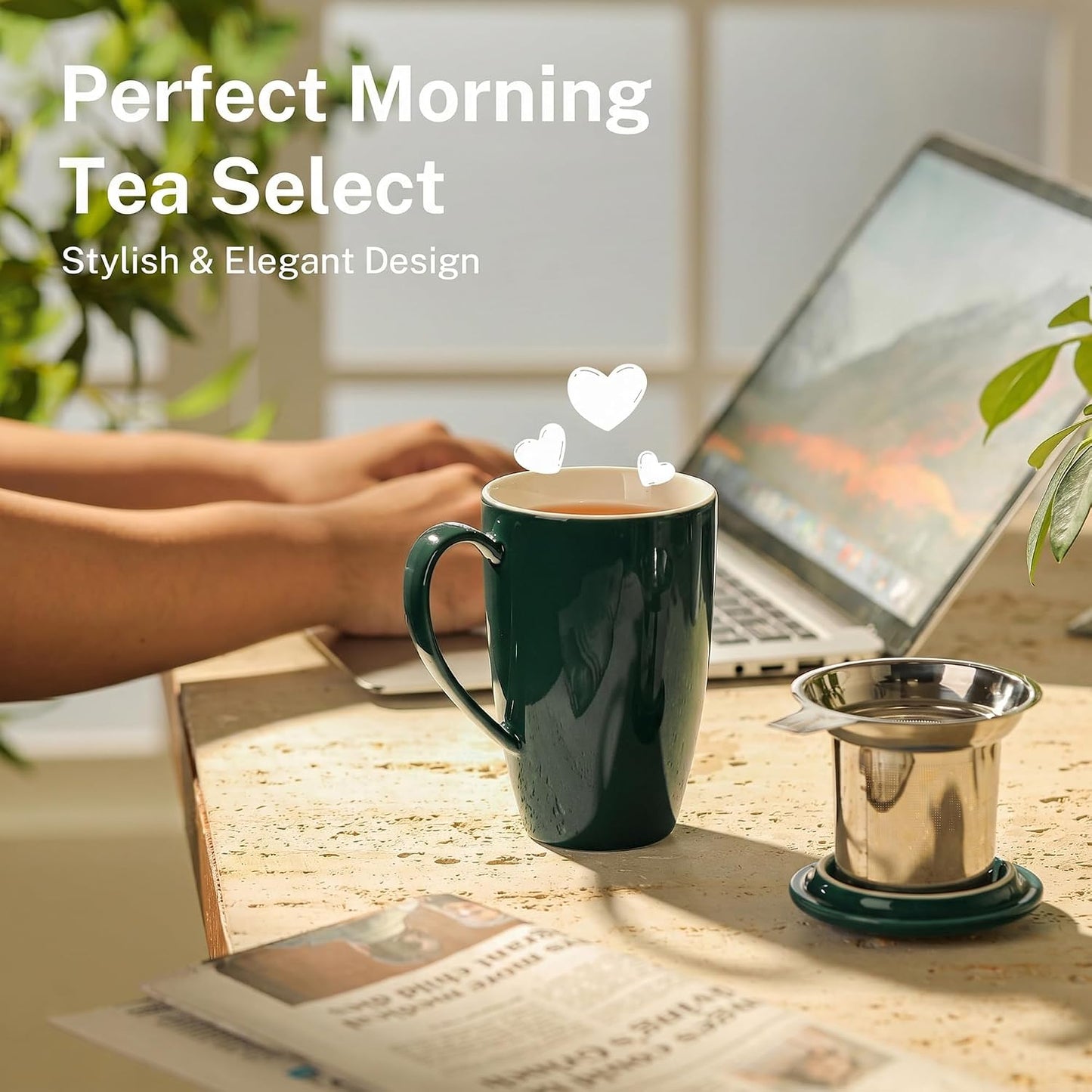 Sweese 15oz Porcelain Tea Mug with Infuser and Lid – Microwave Safe, Ergonomic Handle, Lead-Free Glaze, for Loose Leaf Tea