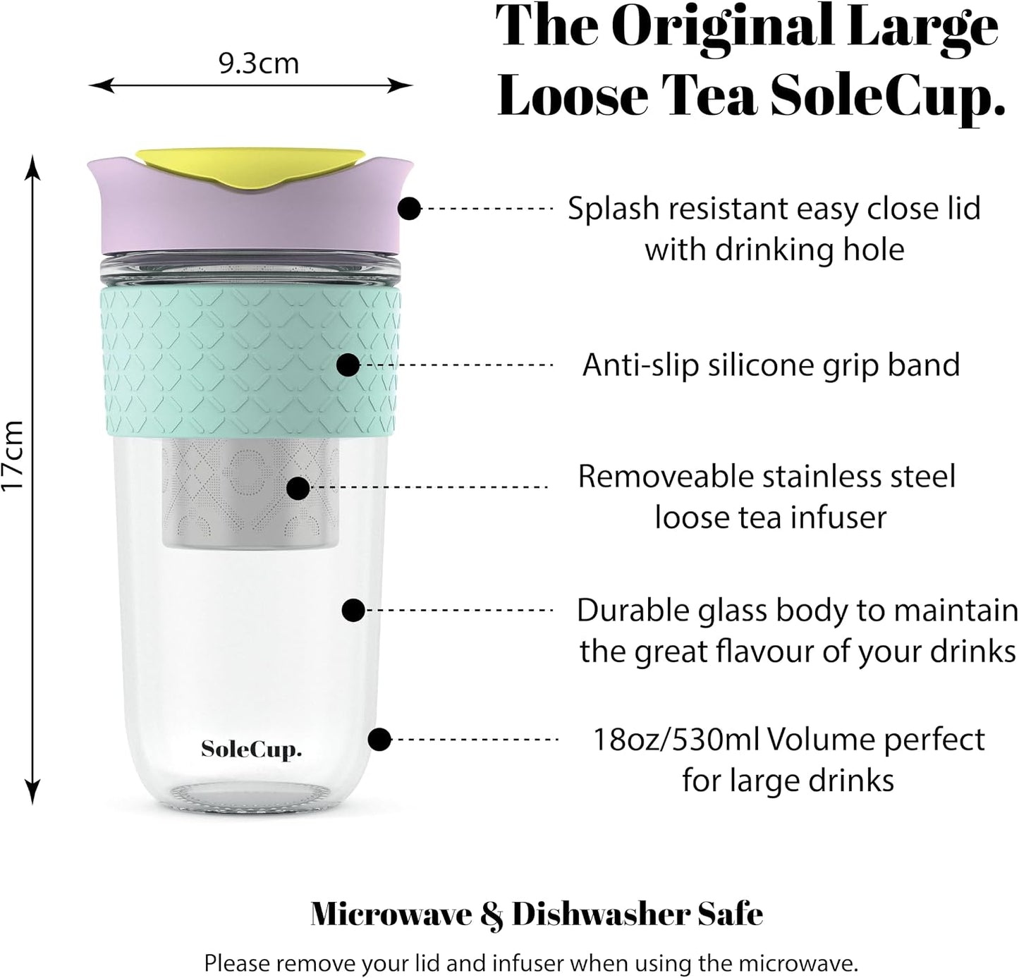 Large Travel Mug Loose Tea Infuser - Detachable Tea Strainer with Spill Proof Lid - 18oz/530ml BPA-Free Reusable Glass Travel Coffee Cup with Silicone Band (Ice Cream, 18oz)