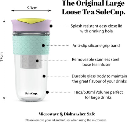 Large Travel Mug Loose Tea Infuser - Detachable Tea Strainer with Spill Proof Lid - 18oz/530ml BPA-Free Reusable Glass Travel Coffee Cup with Silicone Band (Ice Cream, 18oz)
