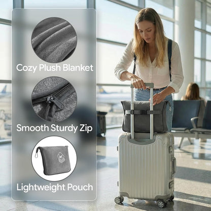 Travel Blanket, Soft 2-in-1 Airplane Blanket, 65x40 Inches, Travel Blanket Airplane Compact with Bag, Car Blanket with Luggage Sleeve & Backpack Clip (Light Grey)