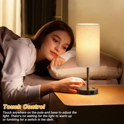 Dicoool Touch Bedside Table Lamp with USB - 3 Way Dimmable Wood Lamp for Bedroom Nightstand, Desk Lamp with Charging Station for Dorm, Living Room, Office, Kids Room, Small, 14in