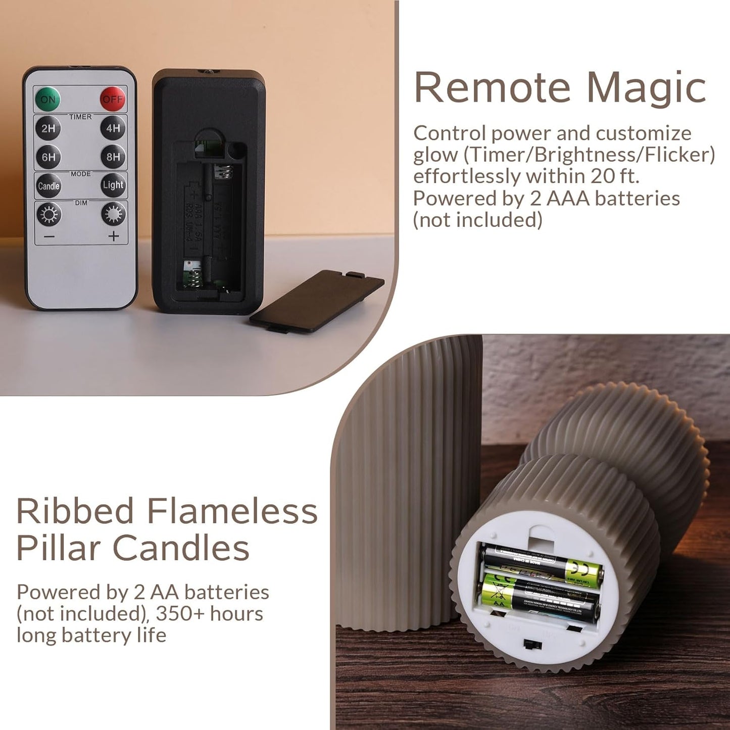 White Ribbed Flameless Pillar Candles with Remote, Real Wax Flickering Battery LED Candles Set of 2