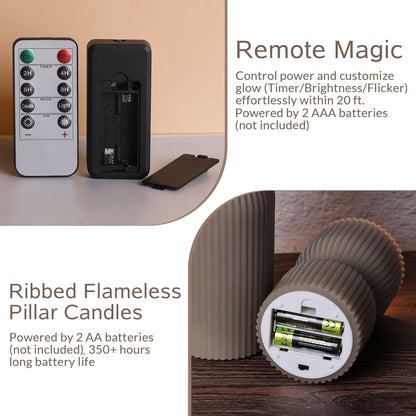 White Ribbed Flameless Pillar Candles with Remote, Real Wax Flickering Battery LED Candles Set of 2