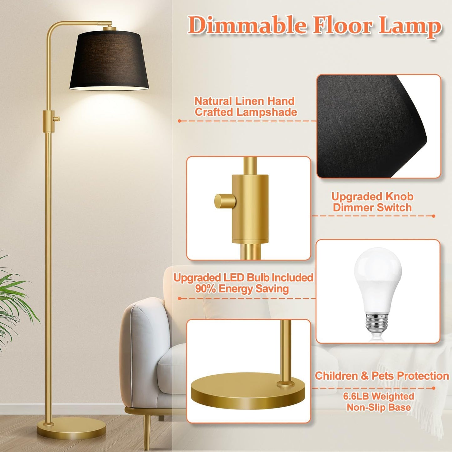 【Upgraded】 Dimmable Floor Lamp, 1000 Lumens LED Edison Bulb Included, Arc Floor Lamps for Living Room Modern Standing Lamp with Linen Shade, Tall Lamp for Bedroom Office Dining Room- Black