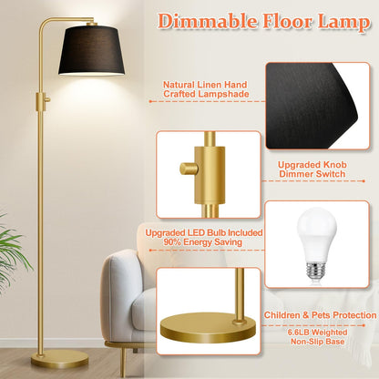 【Upgraded】 Dimmable Floor Lamp, 1000 Lumens LED Edison Bulb Included, Arc Floor Lamps for Living Room Modern Standing Lamp with Linen Shade, Tall Lamp for Bedroom Office Dining Room- Black