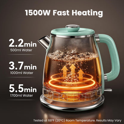 Mecity Retro Electric Kettle 1.7L, Stainless Steel Interior, Food-Grade Silicone Water Contact, Double Wall Cool Touch, 1500W Fast Boil, Thermometer (°F/°C), Wide Opening, Cream