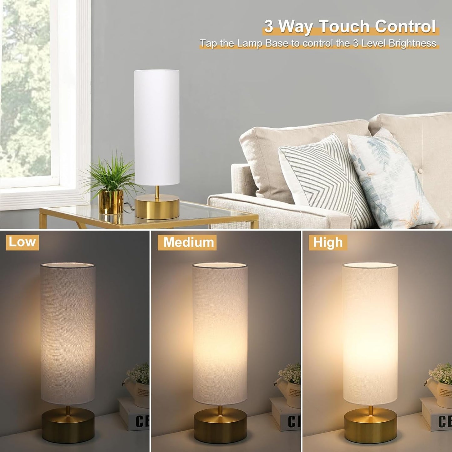 Touch Table Lamp, 3-Way Dimmable Modern Minimalist Accent Bedside Lamp with Cylinder Fabric Shade, Night Light Nightstand Desk Lamp for Bedroom Living Room Kitchen, 9W LED Bulb Included