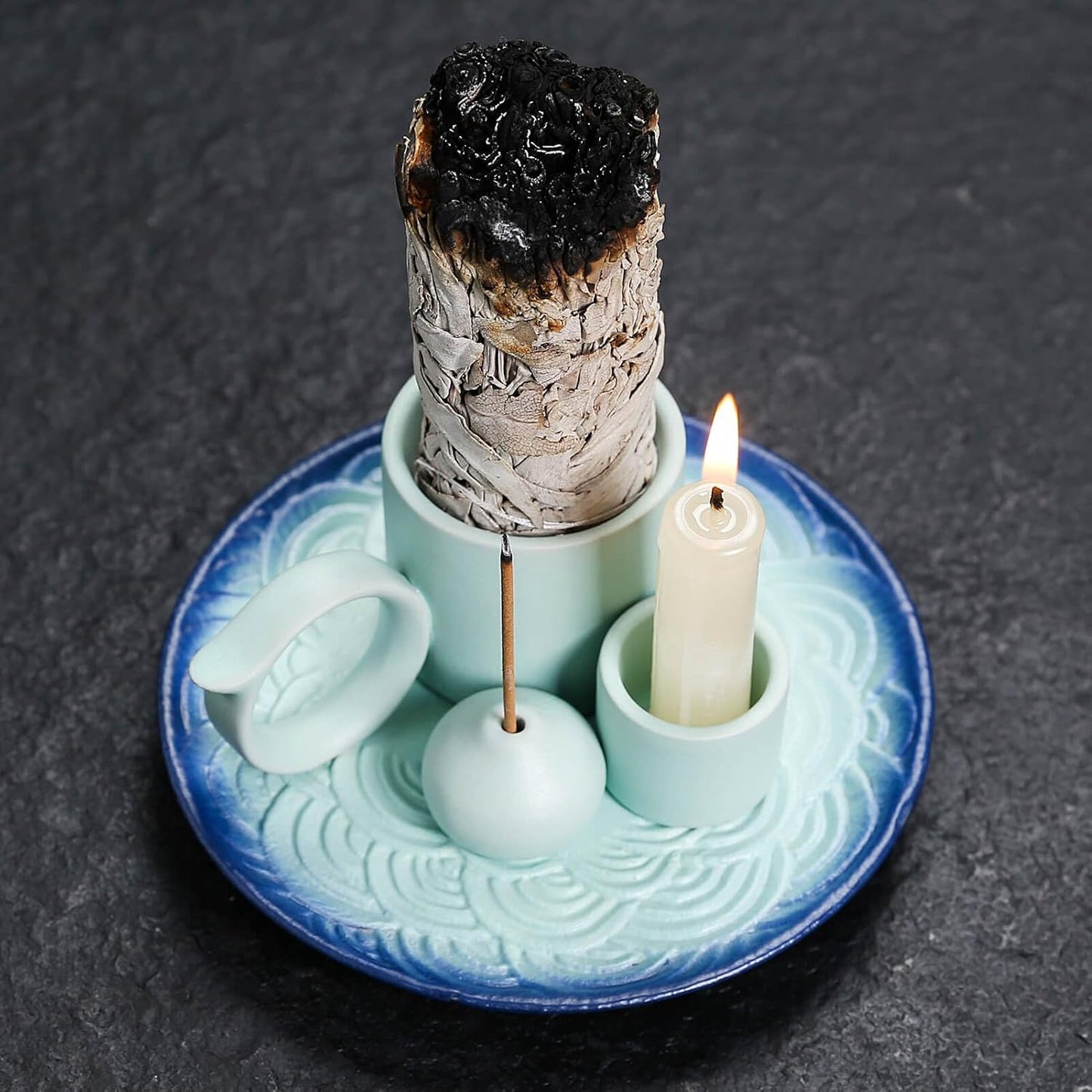 4 in 1 Ceramic Incense Burner Holder with Handle for Burning Sage, Palo Santo Stick, Joss Sticks, Candle in Your New House, Office, Yoga, Meditation Room (Speckled Blue)