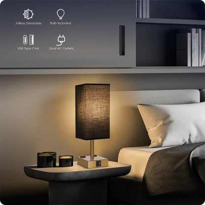 Bedside Table Lamp for Bedroom - Touch Small Lamp with USB C+A Charging Ports & AC Outlets, 3 Way Dimmable Nightstand Light for Living Room (LED Bulb Included, Grey)