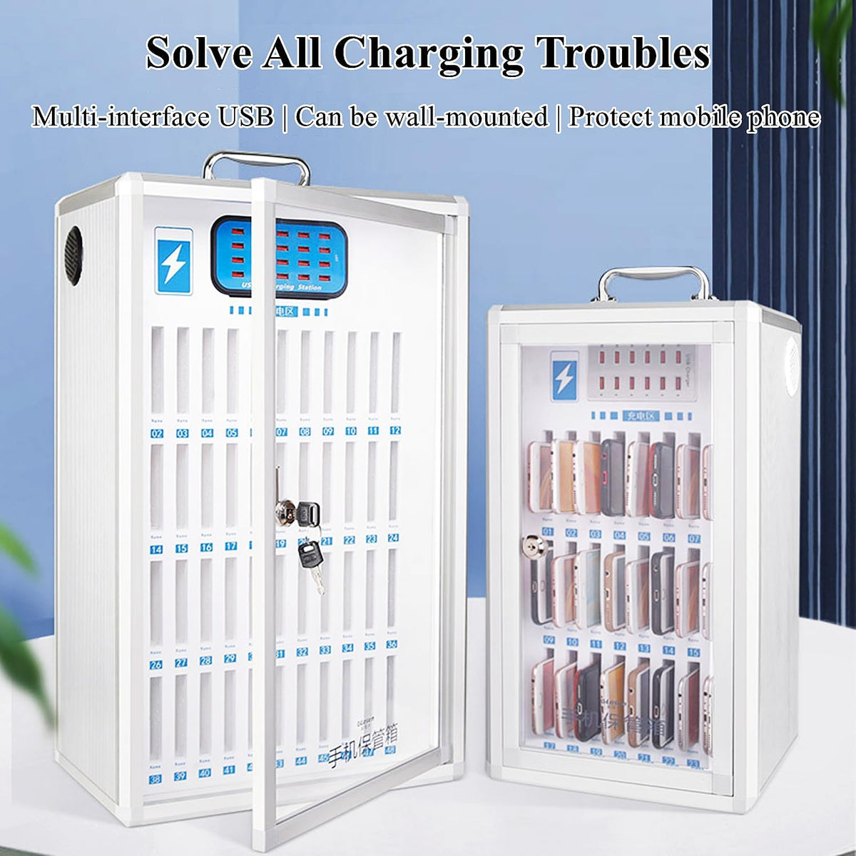Cell Phone Charging Stations Phone Storage Cabinet Portable Mobile Phone Charging Cabinet W/USB Charging Ports & Handle, Wall-Mounted Rechargeable Cell Mobile Phone Storage Box Com(12 Slots)