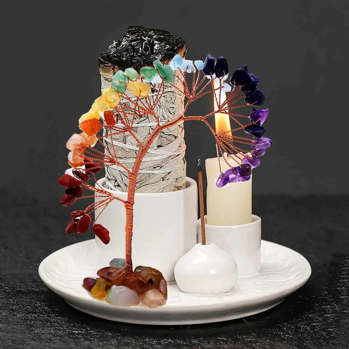 5 in 1 Incense Burner Holder with Crystal Healing Tree, Palo Santo Holder, Sage Holder, Incense Holder for Sticks/Cones/Candles, Ceramic Tray Ash Catcher for Burning Incense, Meditation Gift