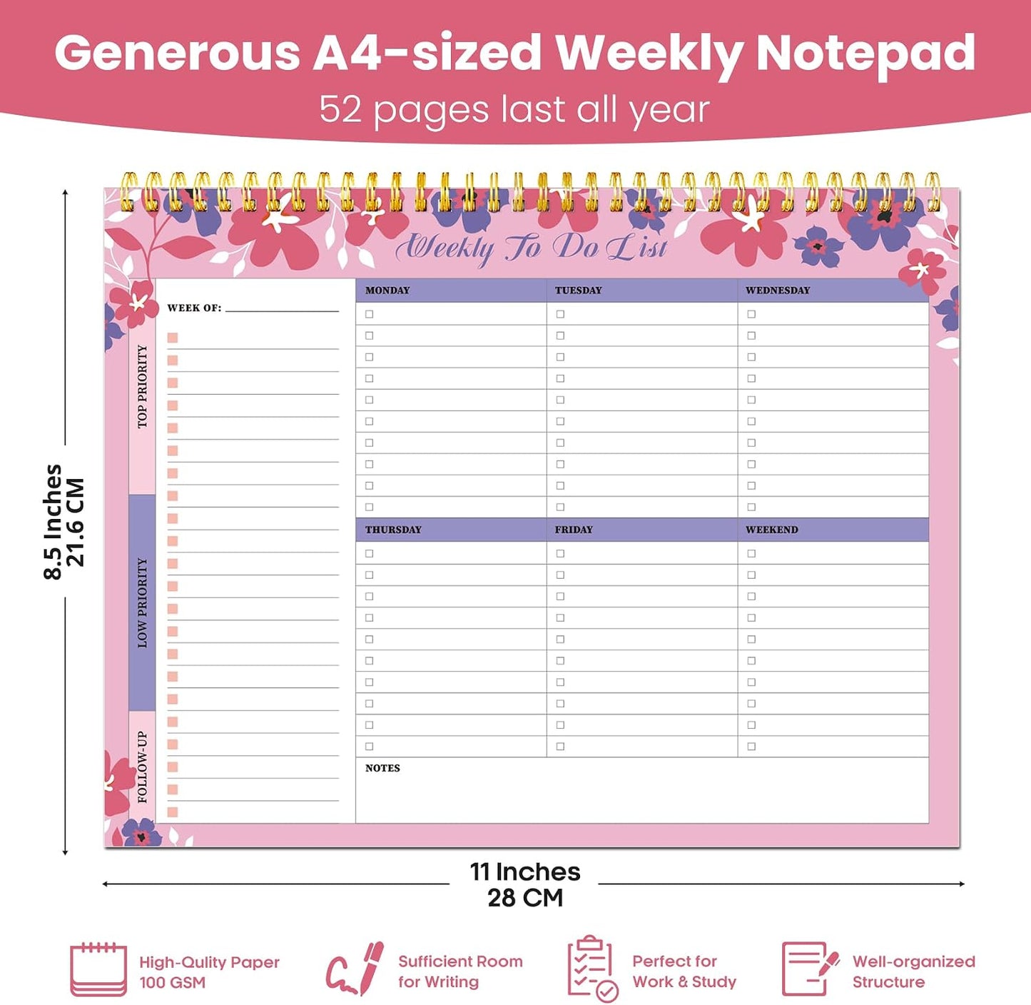 Weekly To Do List Notepad with 52 Undated Sheets（8.5"×11"）- Undated Weekly Planner Notepad for Office Desk Accessories and Supplies - Sunshine Petal