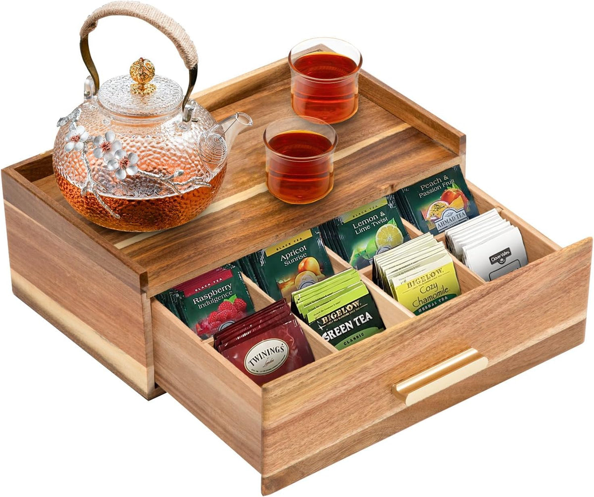 Tea Bag Organizer, Acacia Wood Tea Organizers and Storage Box, Tea Bag Holder Station Caddy Container for Countertop, Tea Accessories Gift Box with Drawer
