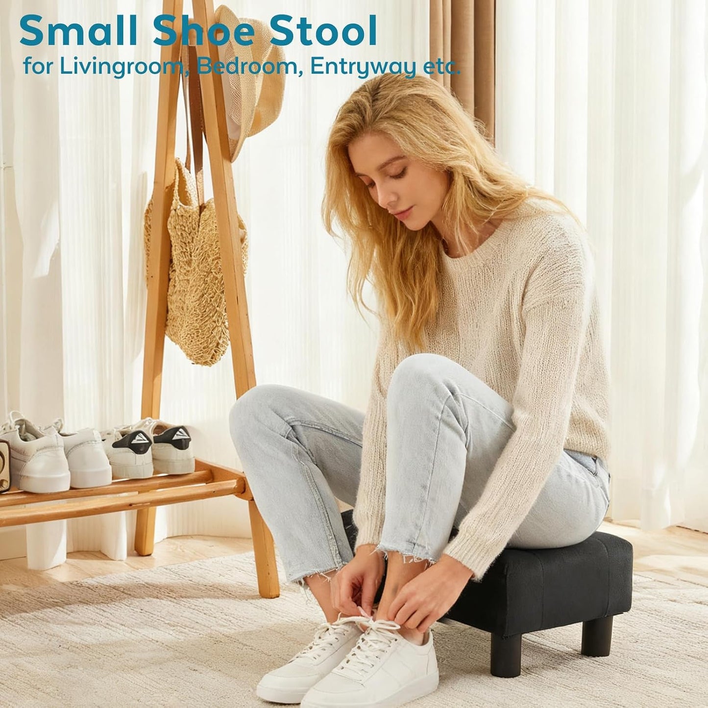 Small Foot Stool Ottoman, Sherpa Footstool Ottoman Foot Rest for Couch, Rectangle Footstools and Ottomans Small for Living Room, Entryway and Bedroom (White)