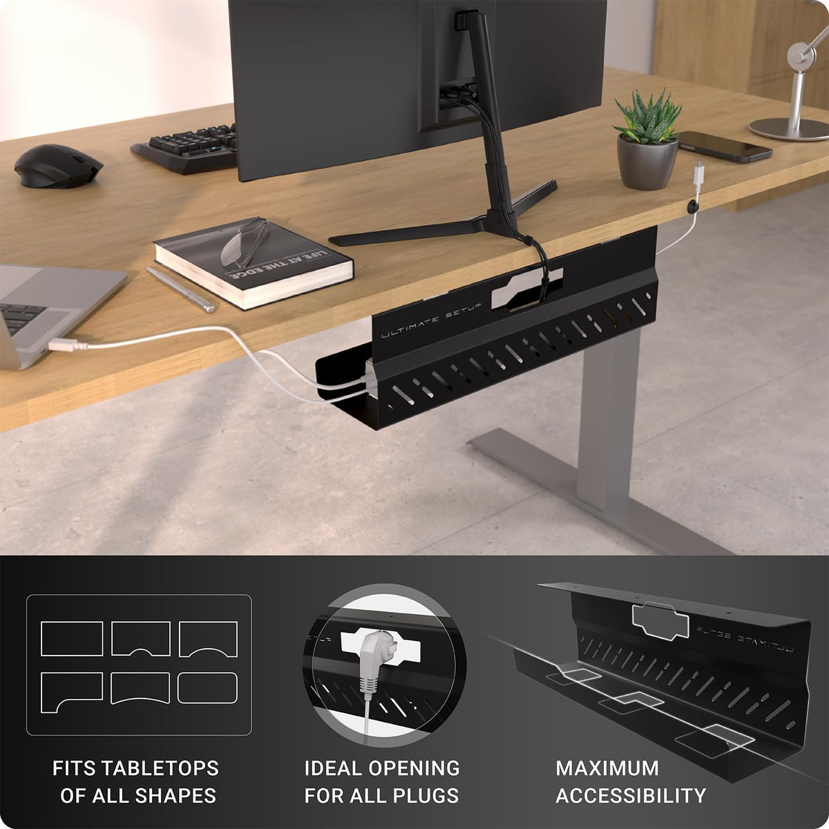 Under Desk Cable Management Tray no Drill – Wire Management - Cord Organizer – Huge Load Capacity – Under Desk Cable Tray no Drill (Black)