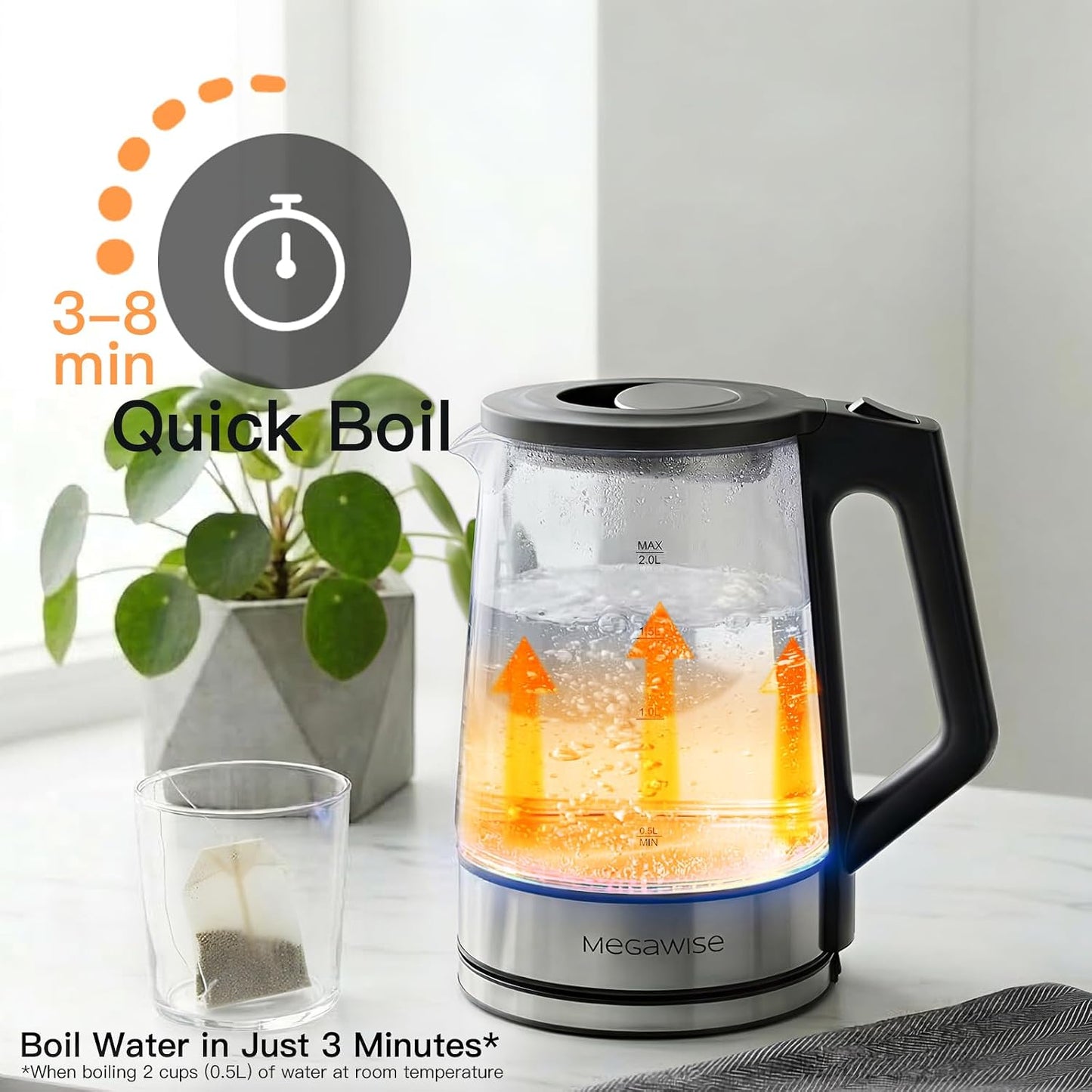MEGAWISE 1.8 L Glass Electric Kettle, 1000W, Auto Shut-Off, Black