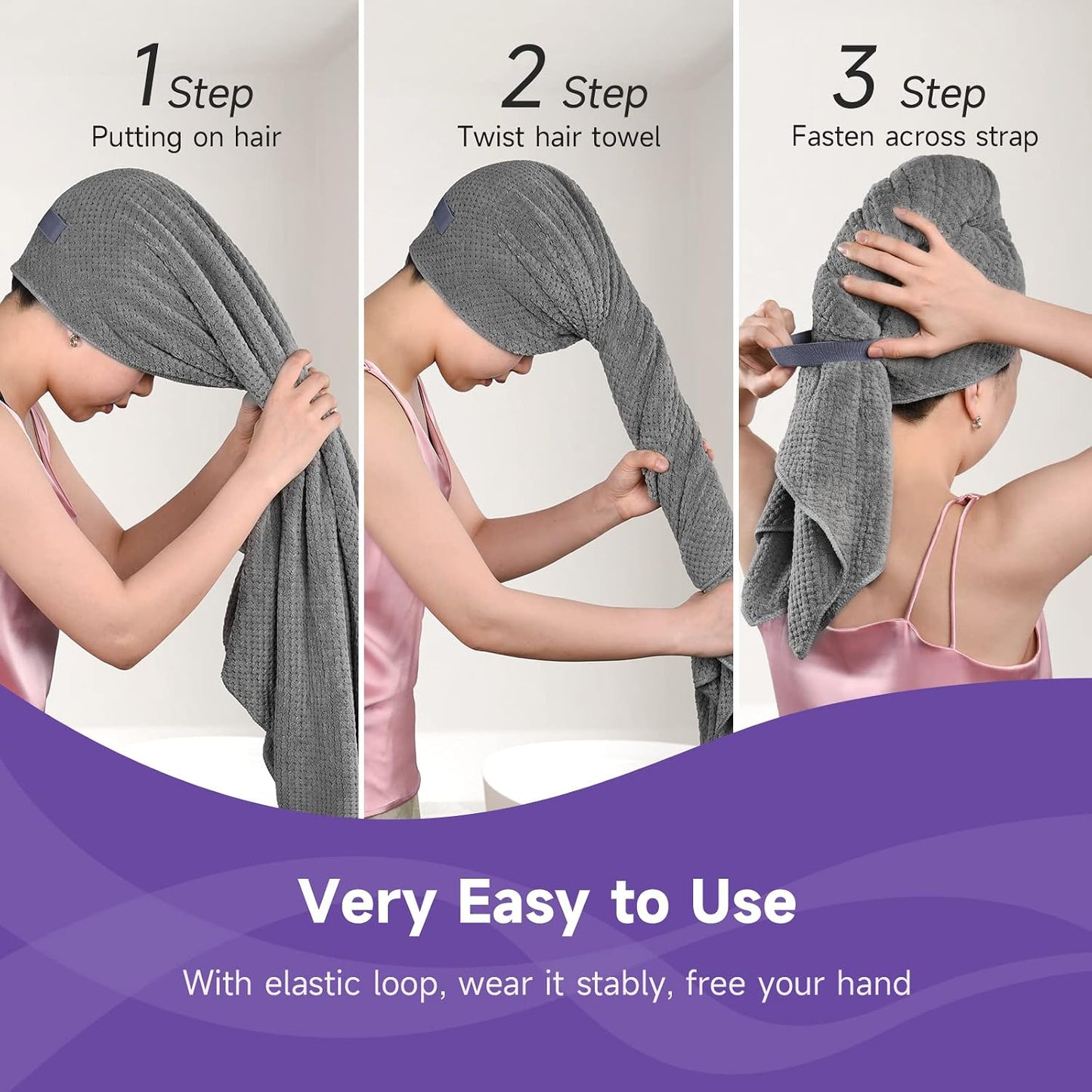 Umisleep Extra Large Microfiber Hair Towel for Women Long, Curly, Thick Hair, Super Soft Anti Frizz Quick Dry Hair Towel Wrap, Ultra Absorbent Hair Turban with Elastic Band White