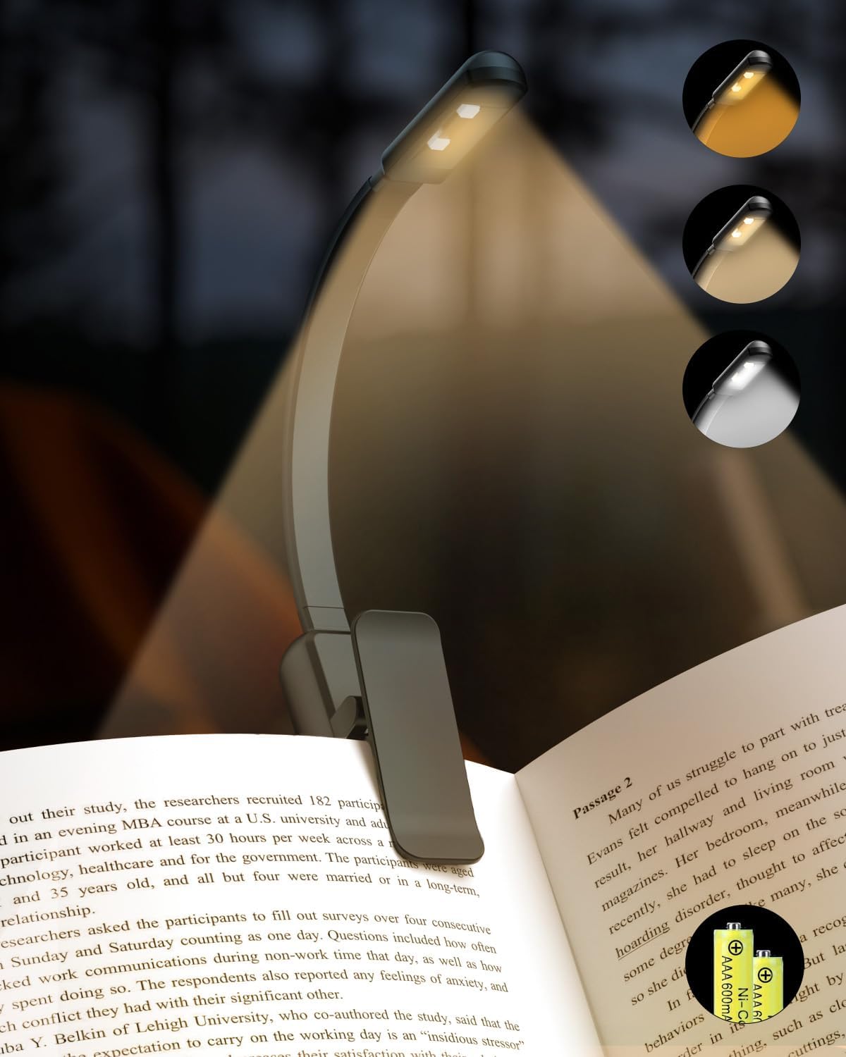 Book Light,Reading Lights for Books in Bed,AAA Battery Clip-On Led Reading Light with 3 Colors & Stepless Dimming,Portable and Ultra-Lightweight with Long Runtime(DarkBlack)