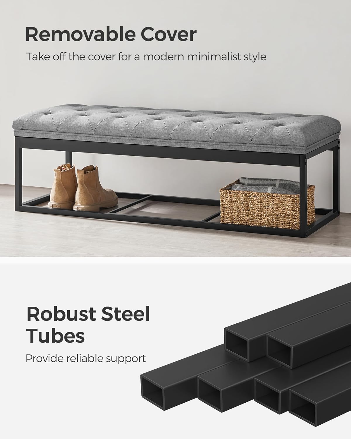 SONGMICS Storage Ottoman Bench, Foot Rest with Legs, 15.7 x 43.3 x 15.7 Inches, End of Bed Bench, Storage Chest, Load up to 660 lb, for Living Room, Bedroom, Entryway, Dark Gray ULSF088G01