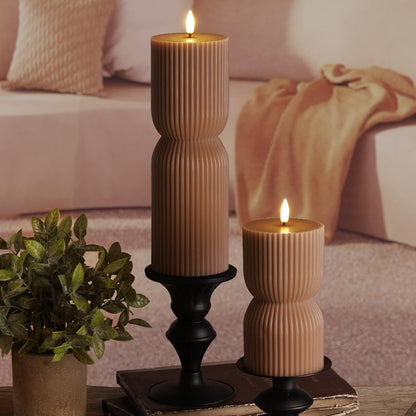 White Ribbed Flameless Pillar Candles with Remote, Real Wax Flickering Battery LED Candles Set of 2