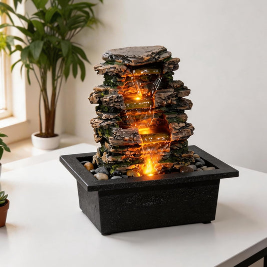 MAOCHI Tabletop Waterfall Fountain with LED Light, Indoor Zen Relaxation Desktop Water Feature with Automatic Silent Pump & Natural Stones, Desk Fountain for Home Office Decor, Stress Relief Gift