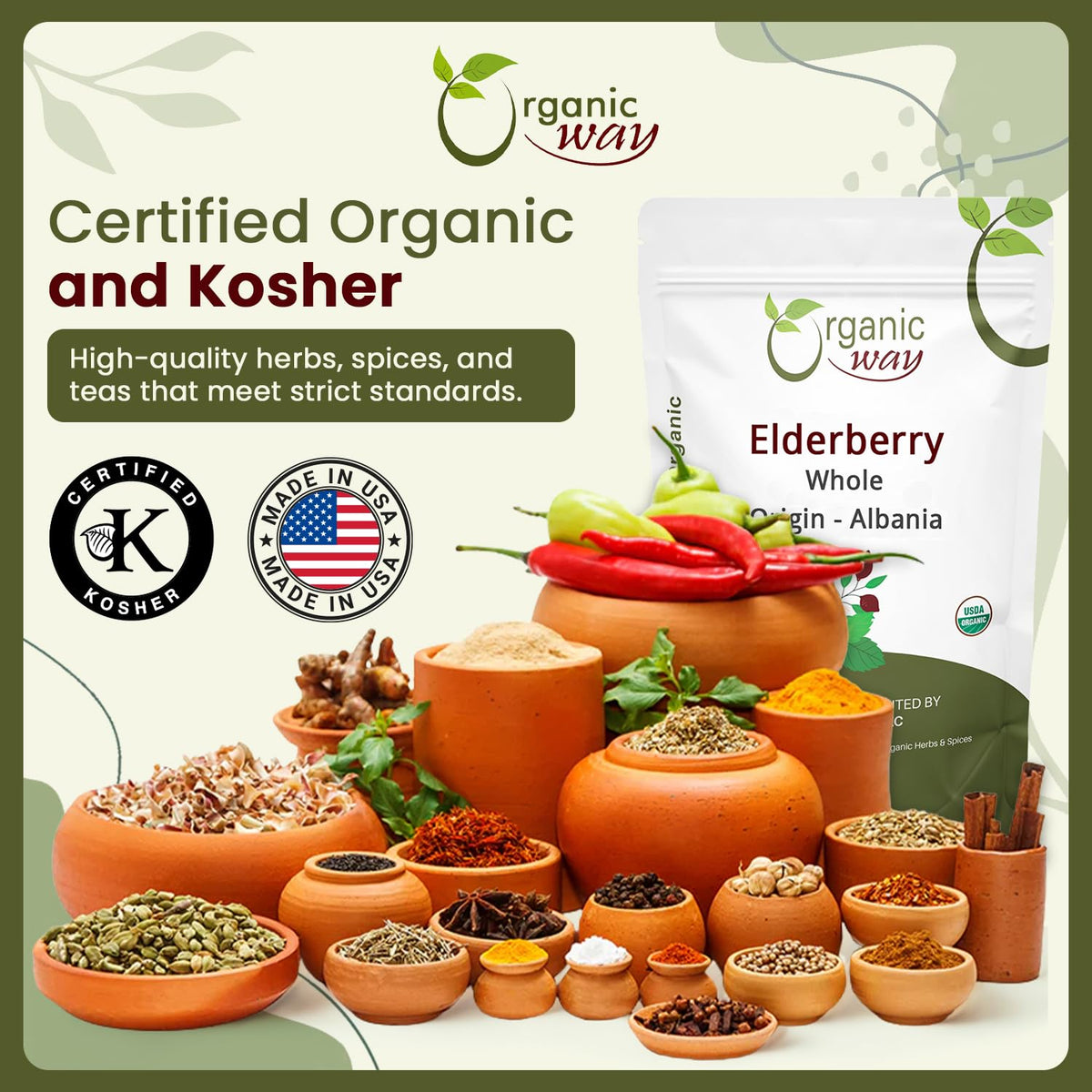 Organic Way Dried Elderberry Whole - Herbal Tea (16 Oz)