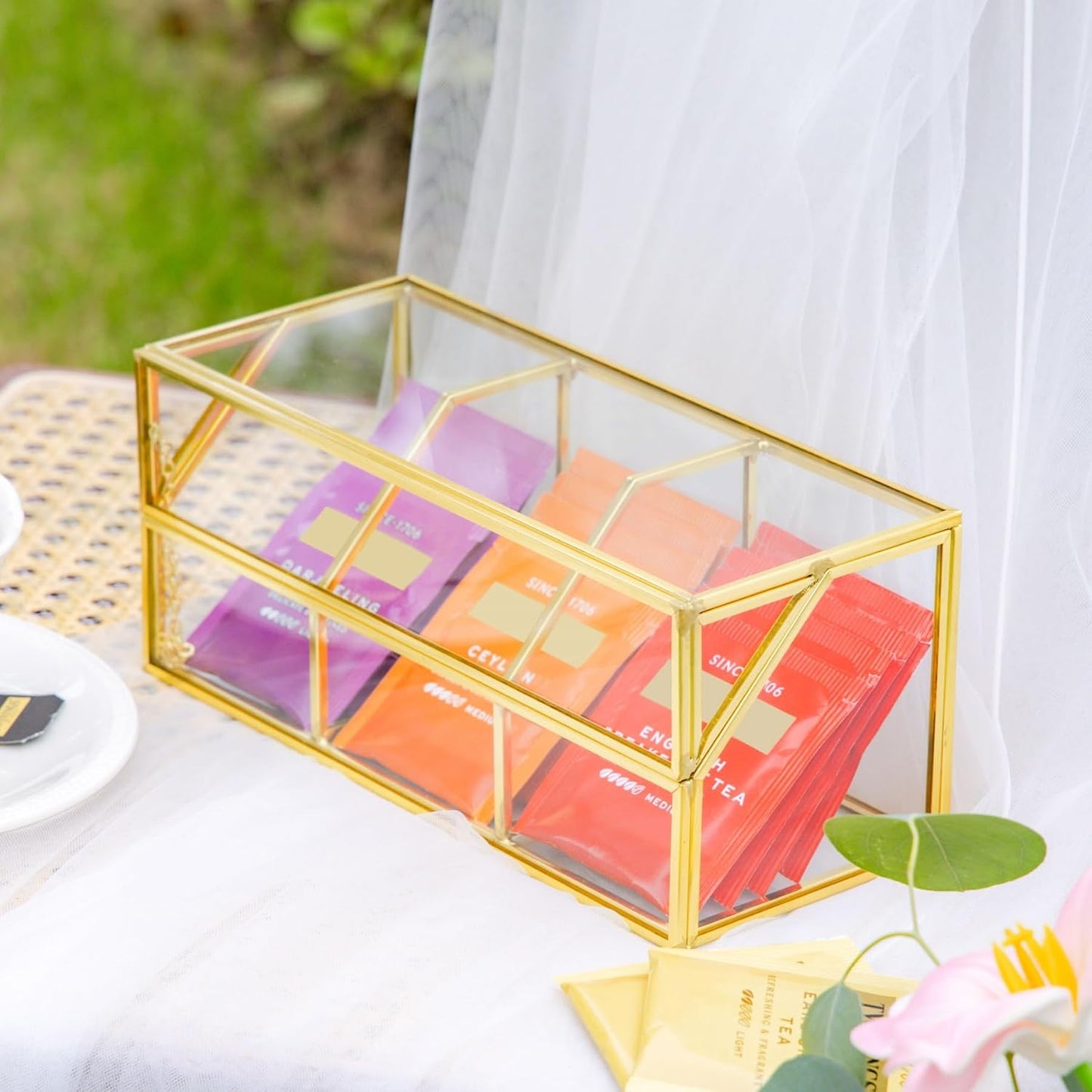 NCYP Glass Tea Bags Organizer with 5 Grids Compartments, Indoor Counter Top Brass Display Case with Lid, Storage Box, Gold, Decor, Teabag Storage, 14.5 x 3.6 x 3.66 Inches (Glass Box Only)